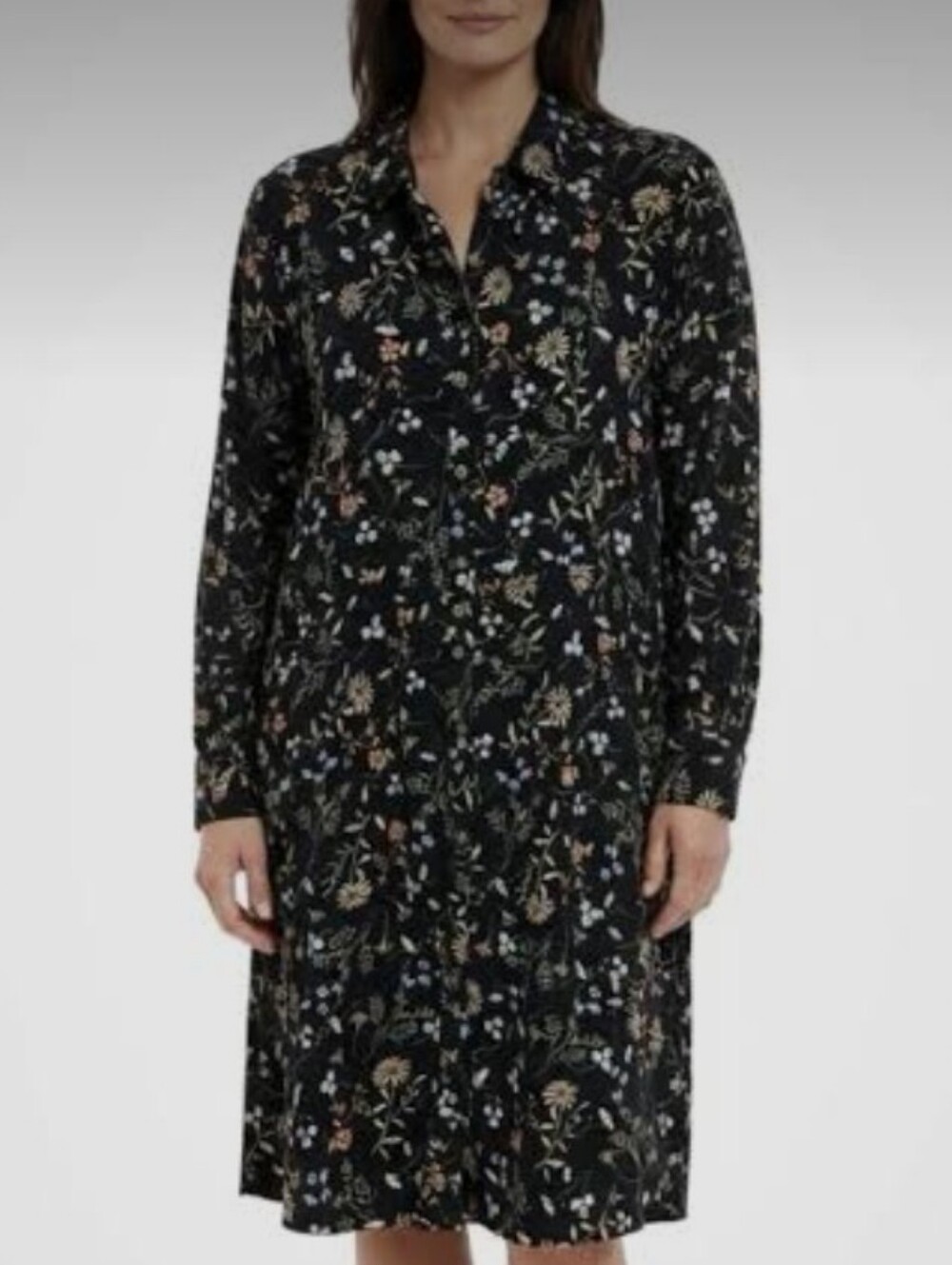 J Jill Floral Button-Front Black Long-Sleeve Shirt Dress